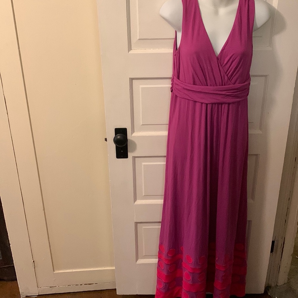 Full length Boden dress, size US 10 R magenta jersey, red polka dot strip hem